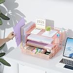 gianotter Desk Organizers and Accessories with File Holder, 4-Tier Desk Accessories & Workspace Organizers with Drawer and 2 Pen Holder, Paper Organizer for Office Supplies (Rose Gold) - Image 2