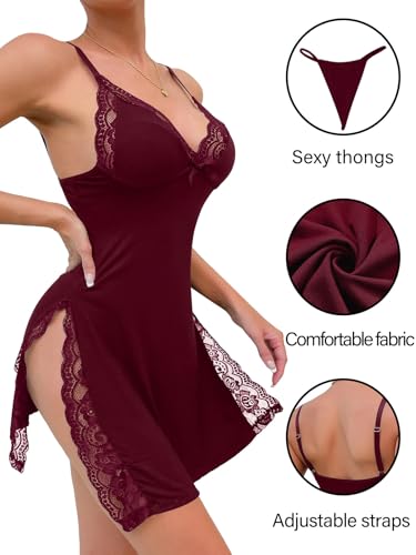 Image of Foxiny Sexy Split Side Floral Lace Trim Full Slip Night Gown Babydoll Lingerie Dress with Thong 2 piece