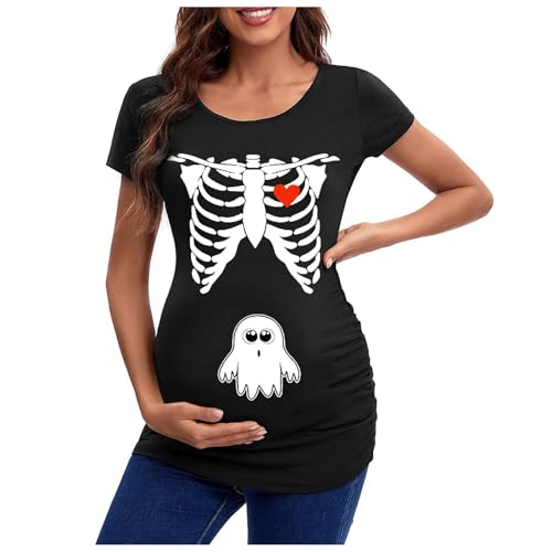 Traje de mujer nuevo esqueleto de la cabeza Halloween mujeres embarazadas ropa top teasing europeo y límite camiseta top mujeres embarazadas camiseta lacada vestido, Blanco, M