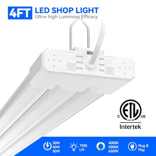 Image of JESLED 4FT LED Shop Lights, 3CCT Selectable 4000K /5000K /6500K, Adjustable 30W /40W /50W, 7500LM(300W Eqv), Linkable Utility Commercial Bay Light, Plug & Play, Ceiling or Hanging Mount, ETL, 10-Pack