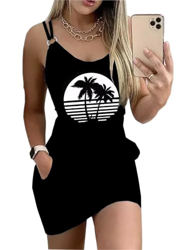 Image of Live Simple Coconut Tree Color Block Mini Dress for Women Summer Beach Vacation Tank Dresses Sleeveless Short Dress