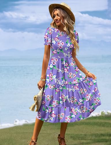Image of YESNO Women's Summer Causal Puff Short Sleeve Smocked Dress Elastic Waist Tiered Midi Dress with Pockets EP2