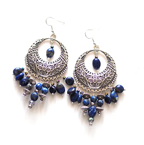 Boucles d'oreilles bohême en Lapis Lazuli et bronze style rétro