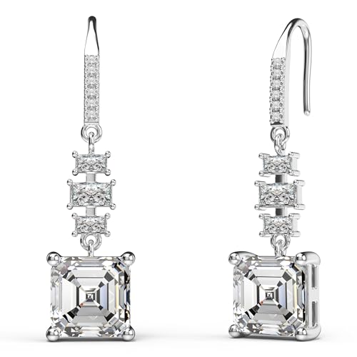 18K White Gold Plated Sterling Silver Asscher Cut Cubic Zirconia Dangle Earrings for Women Square CZ Diamond Drop Dangling Earrings for Women Mom