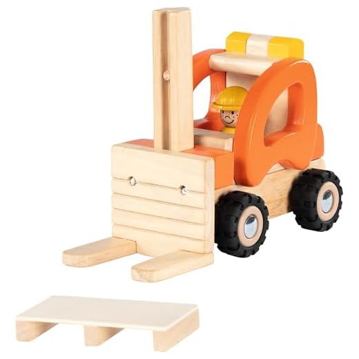 goki 55850 - Gabelstapler aus Holz, Robustes Spielfahrzeug mit beweglichen Gummireifen, verstellbare Ladefläche und Palette, fördert die Motorik und Fantasie der Kinder, 20cm x 9cm x 15cm, ab 2 Jahre