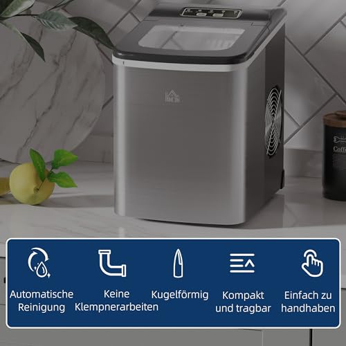 HOMCOM Eiswürfelmaschine Eiswürfelbereiter 9 Würfel in 8 Minuten fertig, 12 KG in 24 H, Selbstreinigende Tragbare Ice Maker für Küche, Büro, Bar und Party, Schwarz