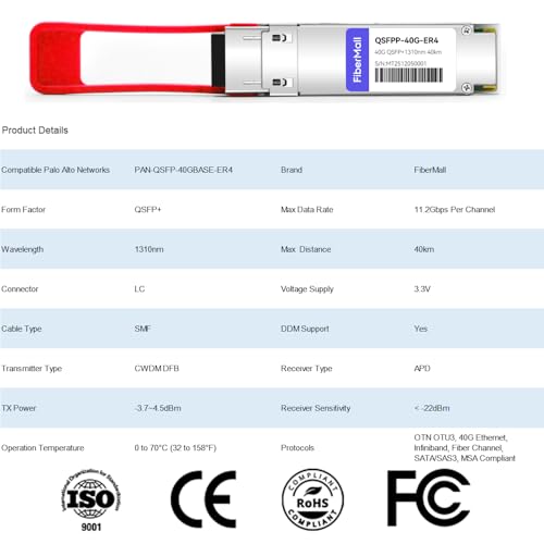Image of 40G QSFP+ ER4 Optical Transceiver Modul,Compatible with Palo Alto Networks PAN-QSFP-40GBASE-ER4 40GBASE-ER4 QSFP+ 1310nm CWDM4 40km LC SMF