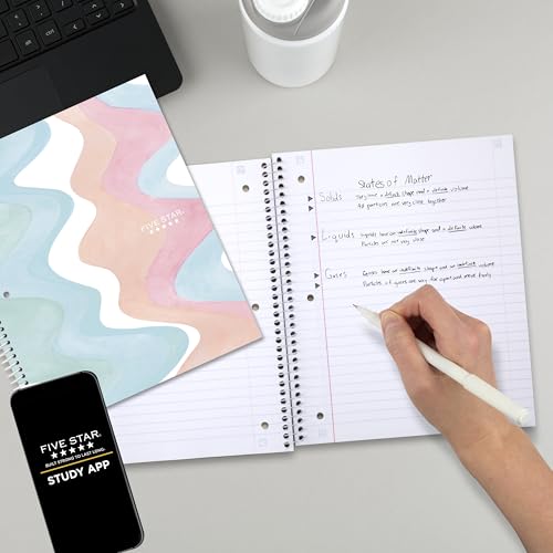 Five Star Spiral Notebook + Study App, 2 Pack, 1 Subject, Wide Ruled, 8" x 10-1/2", 80 Sheets, Fights Ink Bleed, Water Resistant Cover, Pastel Waves and Brush Strokes (930210F-ECM) image 8