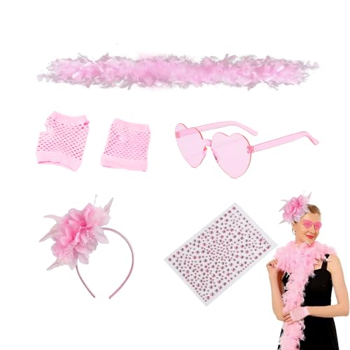 Ensemble de Costume Féminin avec Accessoires – 2M Écharpe en Plumes Roses, Lunettes en Cœur, Bandeau à Plumes, Gants et Stickers Diamants – Idéal pour...