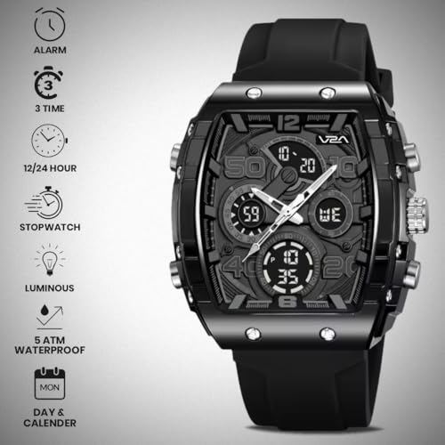 Image of V2A Impact-AXON 3103 Analog-Digital Watch for Men | Unique Tonneau Case & Multi-Layered Dial Design | Bold Fashion Performance Watch with 3 Time Zones, Countdown, 50M Water Resistance & Backlight