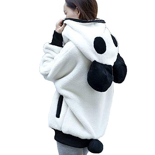 JOFOW Womens Fleece Jacket Hooded Cute Animal Panda Hat Tail Cardigans Zipper Short Parkas Winter Coat (L,White)