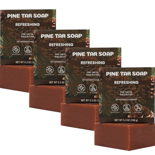 Rinse & Robust Mens Pine Tar Soap Bar Set, 4 Pack Natural Handmade Cleansing Bar Soap for Men, Exfoliating & Moisturizing Bath Soap with Pine Tar & Shea Butter | 5.3 oz of 4 Bars