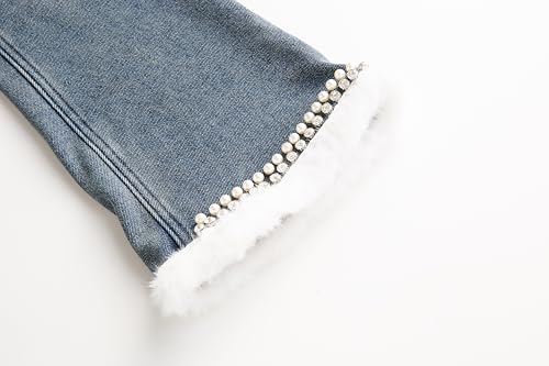 Girls Fleece-Lined Flare Jeans – Winter Denim Pants with Faux Pearl Trim and Soft Elastic Waist, Size 4-16 Blue4