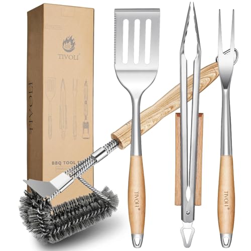TIVOLI Grill Set 4PC BBQ Tools Set Grill Accessories with BBQ Spatula, BBQ Clips, Brushes, BBQ Forks Heavy Duty Grill Kit Grill Tools for Outdoor Grill with Wood Handles Gift Ideas for Dad Man