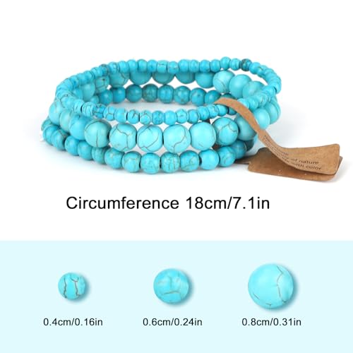 3pcs Turquoise Bracelet, 3 Sizes Turquoise Beaded Bracelet Green Stone Fidget Jewelry Blue Gemstone Elastic Bead Chain for Women Men Friends Coworkers2