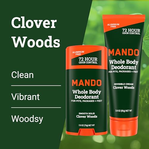 Mando Whole Body Deodorant - Invisible Cream Tube and Solid Stick - 72 Hour Odor Control - Aluminum Free, Baking Soda Free, Skin Safe - 3.0 Oz Tube and 2.6 Oz Solid Stick - Clover Woods