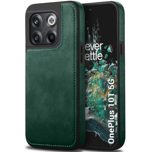 Image of TheGiftKart Genuine Leather Finish Back Cover Case for OnePlus 10T | Shockproof Design | Raised Edges for Camera & Screen Protection | Stunning Minimalist Design Case Cover (Faux Leather & PC, Green)
