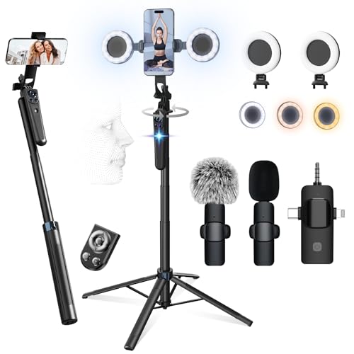 Vlogging Kit for iPhone/Android, 63”Auto Face Tracking Tripod for iPhone with Light, Microphones, Scrolling Remote Control for TikTok, Content Creator Kit for YouTube Starter Live Streaming