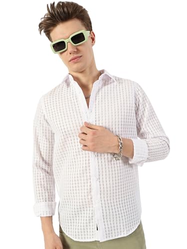 Image of Thomas Scott Men's | Solid | Textured Fabric | Full Sleeve | Slim Fit | Polyester-Blend | Spread Collar | Casual Shirt