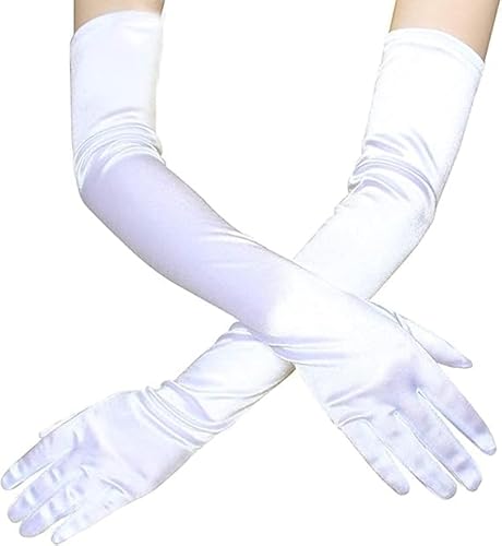 Photo de Nokwocy Gants Longs Femme Élégant Satin Coude Blanc Taille L, Blanc., lange