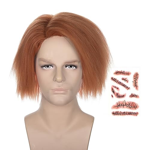 FYXZHUO Mens Short Golden Brown Straight Wig With False scar Patch Unisex Halloween Cosplay Costume Wigs