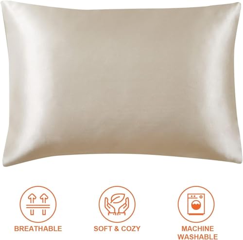 Image of Satin Pillow Covers Set of 2 - Soft & Smooth Pillowcases for Hair & Skin Care | Envelope Closure | Includes 3 Free Random Color Scrunchies | Frizz-Free Sleep Essentials (Beige)