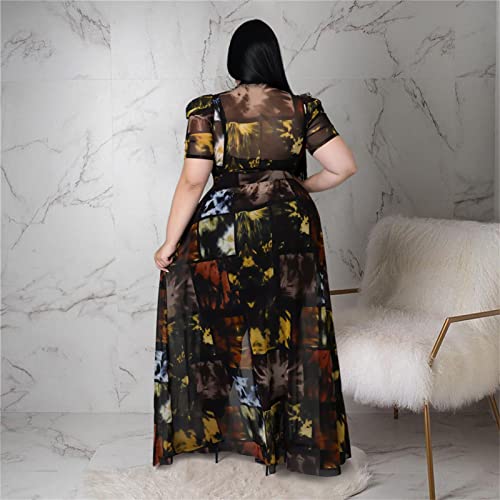 Atyfuniby Women's Plus Size High Low Tops Blouse Puff Short Sleeve Mesh See Through Maxi Tunic Shirt Dresses4