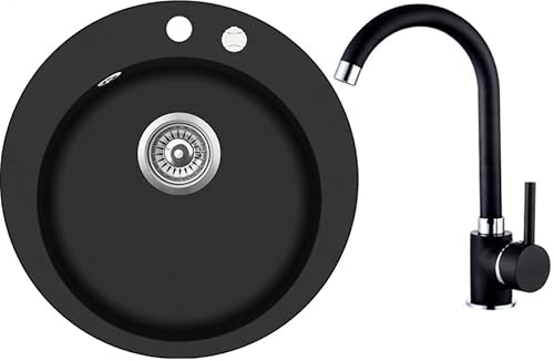 Rein Schwarz LINDBERGH® Granit Spüle mit Armatur "TON44 + 1-Galo" + Siphon Einbauspüle Küchenspüle Spülbecken + DREHEXCENTER - Verbundstoffe MADE IN GERMANY (4. Spüle TON44 + Armatur 1-Galo) Cover