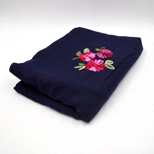 Women Floral Embroidery Spring Autumn Cotton Linen Long Scarf Summer Beach Shawl Wrap Dark Blue4