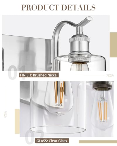 Image of 3-Light Bathroom Vanity Light, Brushed Nickel Wall Sconce, Modern Bathroom Light with Clear Glass, VL01BN-3