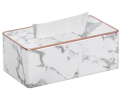 GOLRANLYE Boîte à mouchoirs rectangulaire en Cuir PU Support de boîte de Distributeur de mouchoirs en Papier pour Commode décor de Salle de Bain (Motif en marbre Blanc)