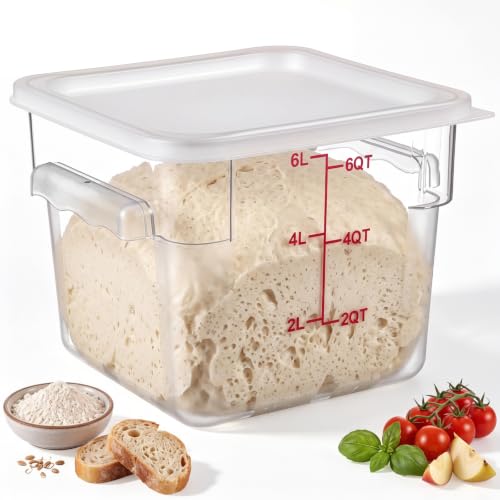 Image of Ziliny 1 Pcs 6 Qt Clear Square Dough Proofing Container with Lid, White | Fits Kitchen Storage and Meal Prep, Dough Proofing Bucket Clear with Red Scale, Commercial Grade, Home and Restaurant Use