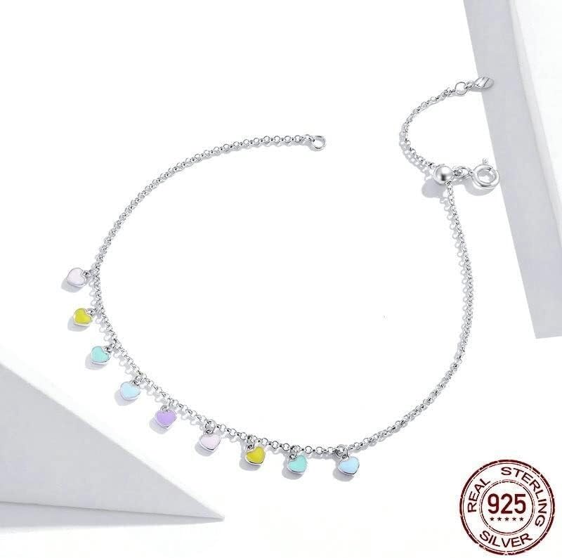 Pulsera de pie, Cadenas for el Tobillo, Tobillera de Cadena con Colgante de corazón esmaltado de Plata de Ley 925 for Mujer, Pulsera de pie de Verano, joyería for pies