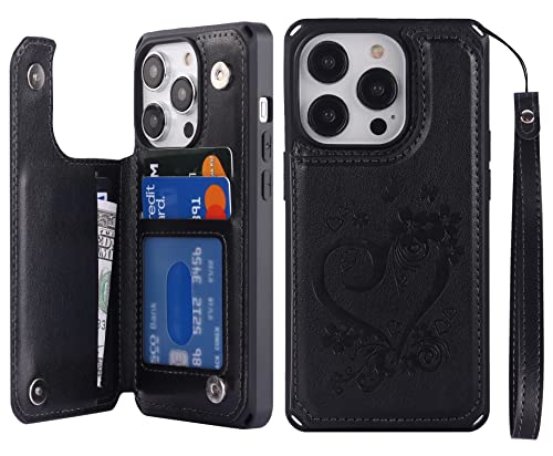 Coque portefeuille iPhone 14 Pro en cuir gaufré noir au design raffiné