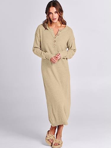 Image of ANRABESS Women Long Sleeve Button V Neck Oversized Casual Loose Fit Waffle Knit Fall Midi Sweater Dress 2026 Trendy Outfits