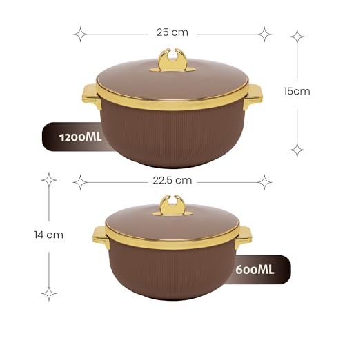 Image of SELVEL Royal Linex Casserole Collection | Insulated Hot Cases | Stainless Steel Inner | BPA-Free | Brown & Lime Green | (Royal Linex Casserole - Brown, Set of 2 (600ml + 1200ml))