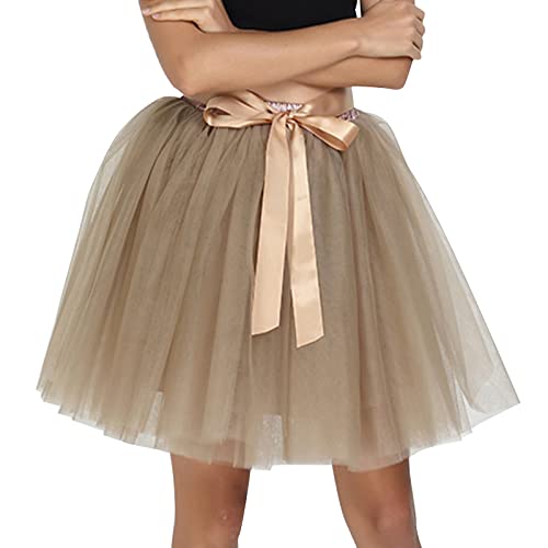 Falda de puerta blanca para mujer, color sólido, cintura elástica, falda hecha a mano, falda de rendimiento, malla irregular, diario, fiesta de graduación, caqui, Talla única