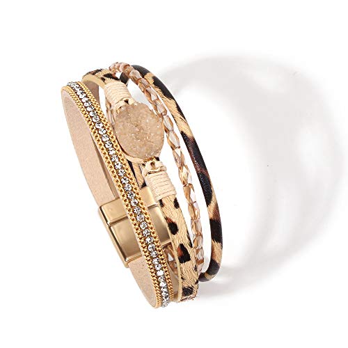 Fancy Shiny Leather Wrap Bracelet Boho Cuff Bracelets Crystal Bead Bracelet With Clasp Jewelry Gift For Women Teen Girls(7.7", Tan Leopard) #TOP3