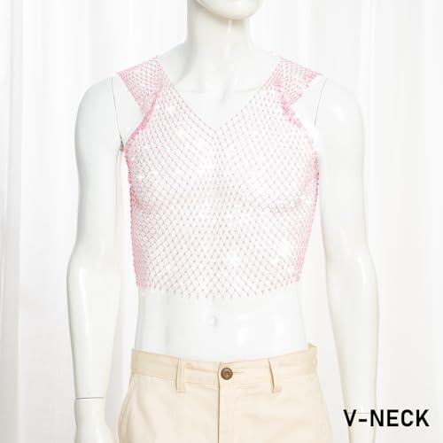 Rhinestone Mesh Top Men Fishnet Tank Top Sexy V-Neck Sleeveless Cropped Shirt Rave Sheer Vest2