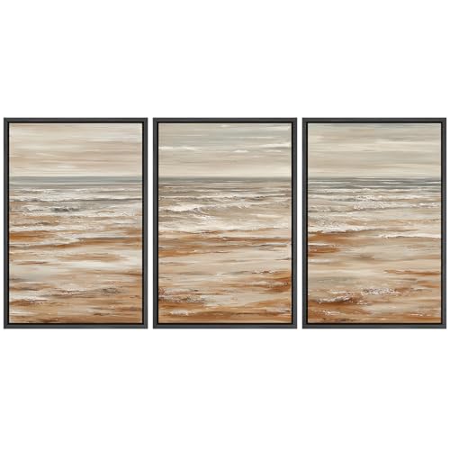 MUDECOR Framed Wall Art Print Set Neutral Coastal Seascape Minimalist Ocean Waves and Sandy Shore Illustrations Modern Art Boho Decorative for Living Room, Bedroom, Office - 16"x24"x3 BLACK