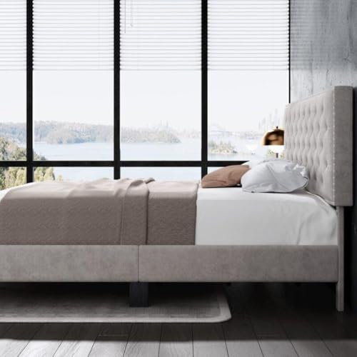 Image of Julius Upholstered Bed King Size Without Storage Solid Sheesham Wood | Modern Premium Fabric Upholstery Cushion Headboard | King Bed for Bedroom Wooden Double Bed Cot 78x72 Inch King