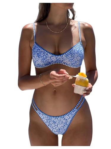Maillot de bain 2 pièces floral bleu et blanc avec string découpé ajusté