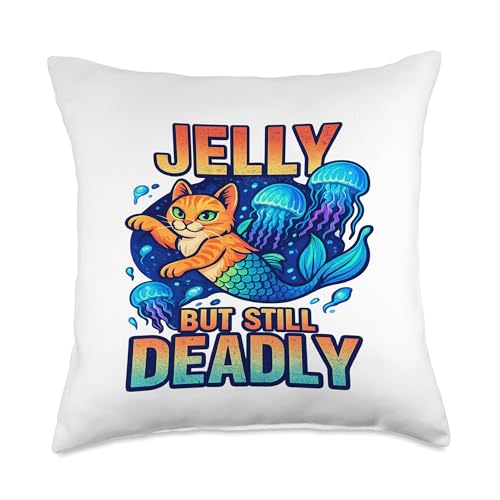 Funny Jelly Cat Mermaid Ocean Pun Kitty Lovers Marine Life Throw Pillow