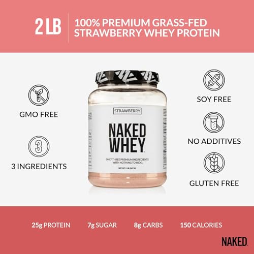 Image of NAKED Strawberry Whey Protein Powder, Only 3 Ingredients, 25g Grass Fed Whey Protein Powder, Aid Muscle Growth & Recovery - 24 Servings (Pack of 2)