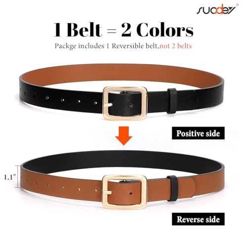 Image of SUOSDEY Women Reversible Leather Belts for Jeans Pants Dresses Ladies Black /Brown Belts with Fashion Gold Buckle, A: Black / Brown(type 1), fits waist from 28 inch-32 inch