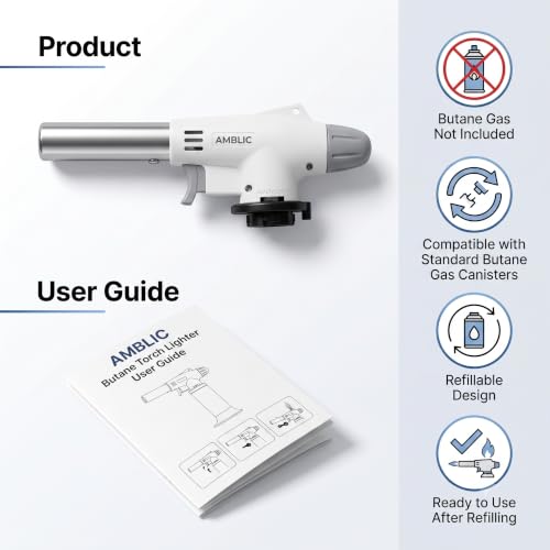 Image of Professional Kitchen Butane Torch Lighter, Refillable Blow Torch for Cooking, Adjustable Flame Creme Brulee Torch, Reverse Use for BBQ, Baking, Soldering & Camping (Butane Gas Not Included)