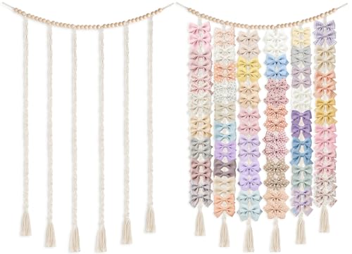 Dahey Macrame Bow Holder Hanging Hair Bow Organizer for Baby Girls Boho Wall Decor Handmade Headband Holder with wood beads Storage Hair Clips for Baby Nursery Room 1 PCS Clips and Bows Not Included