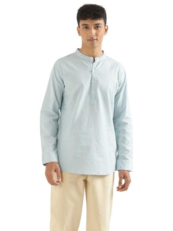 Image of SAADAA Men's Short Kurta - Linen Cotton Blend, Airy Fabric, Regular Fit, Mandarin Collar, Solid Color - Casual, Festive & Ethnic Wear