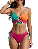 B2prity Tie Bikini Top Set Sexy Push Up 2 Piece Swimsuit Color Block Bathing Suit Full Coverage Swimwear for Curvy Women