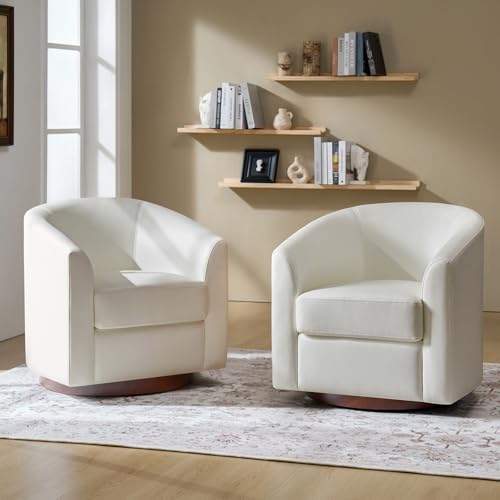 Image of HULALA HOME Faux Leather Swivel Accent Chairs Set of 2 with Solid Wood Base, Round Swivel Barrel Chairs for Living Room and Bedroom, No Assembly Required, White